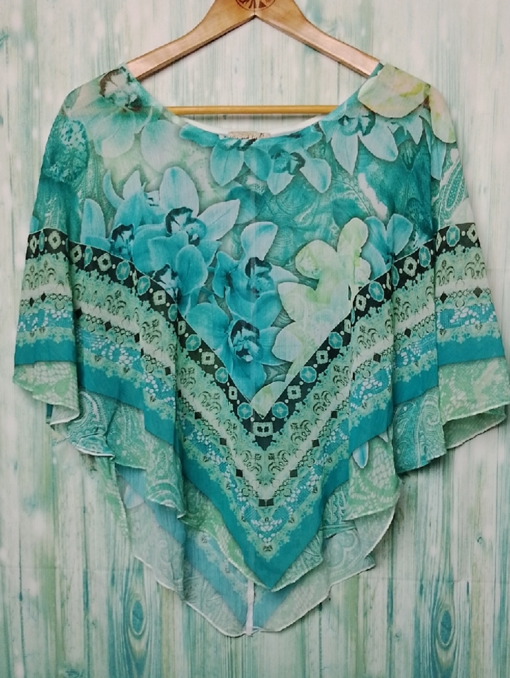 2 Piece Live And Let Live Sheer Light Teal Floral Poncho With Matching Tank PL